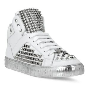 Philipp Plein Nappa Leather Mid-Top Studded Sneakers - SZ 8